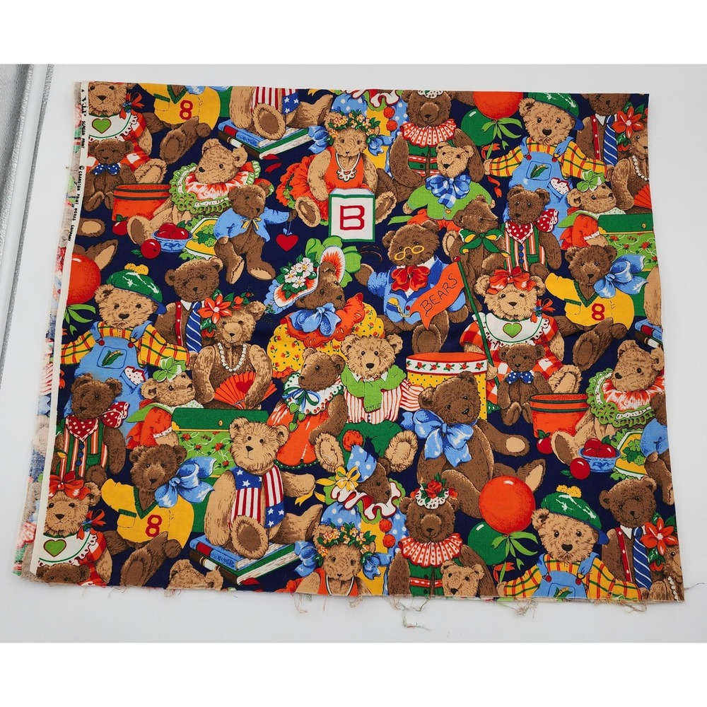 Cranston Print Works Fabric Teddy Bear Collage Navy Vintage Cotton 44x37 EXC